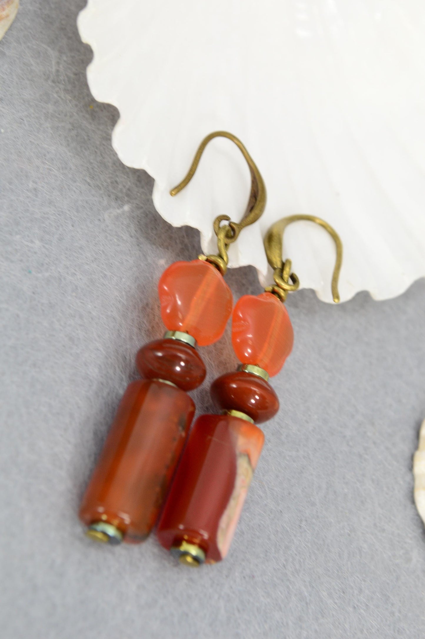 NEW *** Rusty Orange Dangle Earrings with Agate Stone and Glass Beads, Boho, Vintage, Art Deco Style by Estibela Design, 5cm - 2"