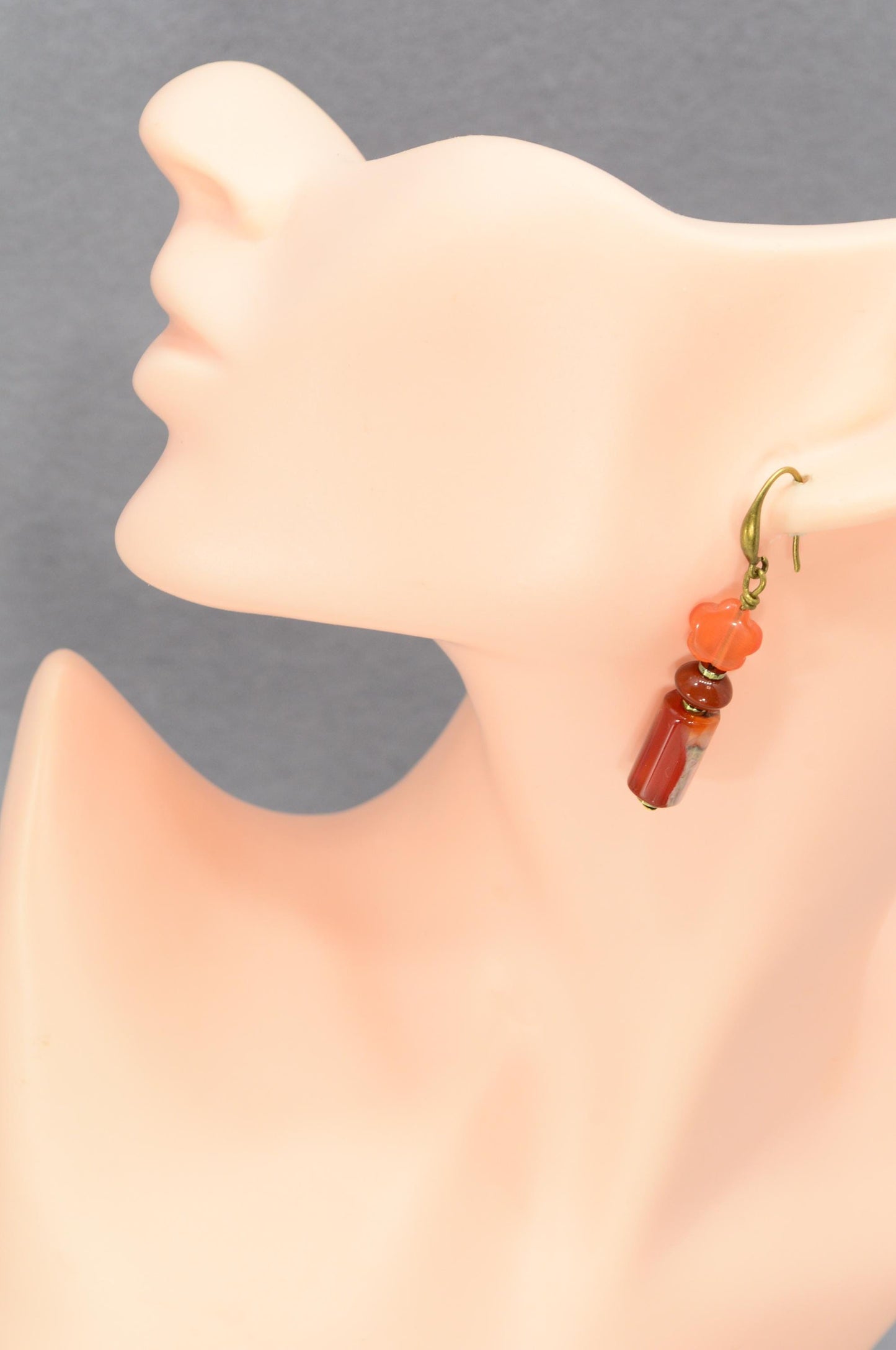 NEW *** Rusty Orange Dangle Earrings with Agate Stone and Glass Beads, Boho, Vintage, Art Deco Style by Estibela Design, 5cm - 2"