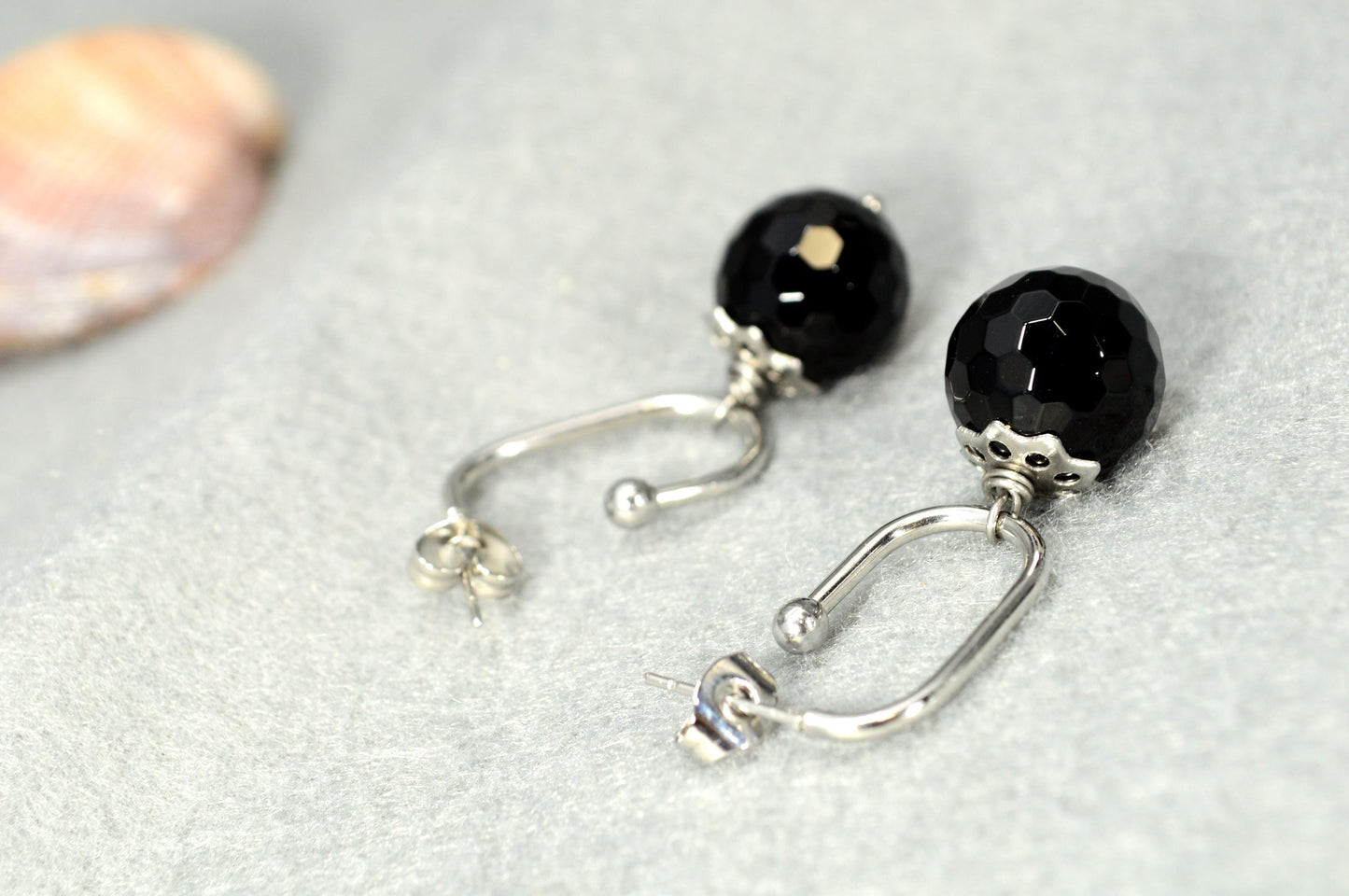 NEW *** Modern Stainless Steel Earrings with Faceted Black Onyx Stone, Unique Design by Estibela, Minimalist style. 3.5 cm - 1.4"