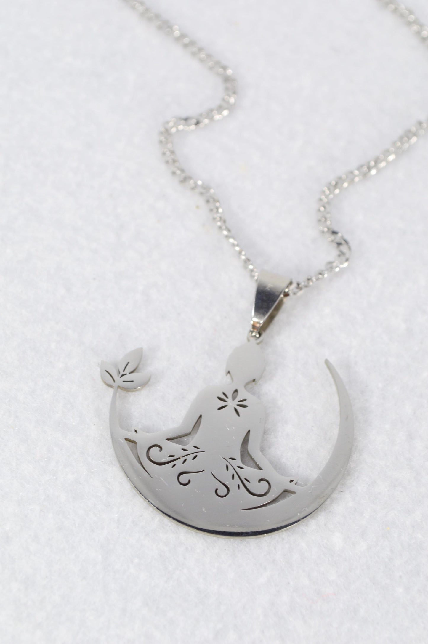 NEW *** Stainless Steel Moon and Meditation Pendant Necklace, Unique Yoga-Inspired Design, Spiritual Jewelry by Estibela, Unisex gift.