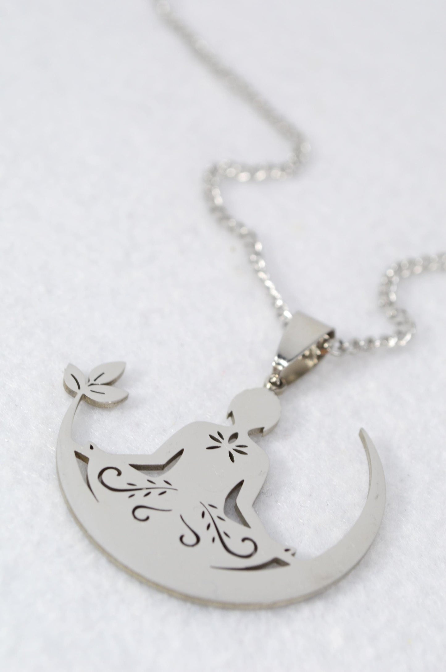 NEW *** Stainless Steel Moon and Meditation Pendant Necklace, Unique Yoga-Inspired Design, Spiritual Jewelry by Estibela, Unisex gift.