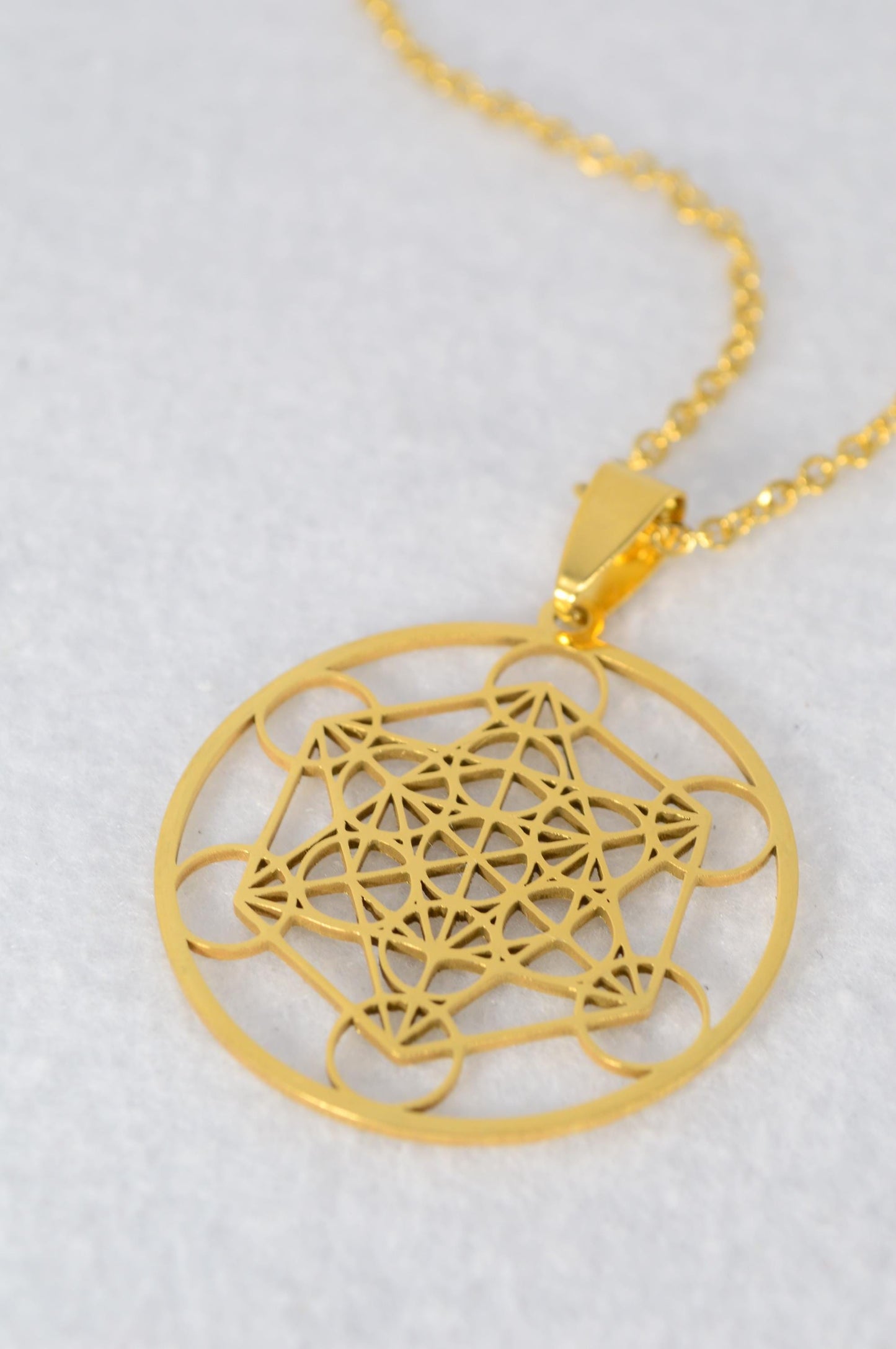 NEW *** Gold Stainless Steel Sacred Geometry Pendant Necklace, Metatron’s Cube Design, Estibela, Gift for Yoga and Meditation Lovers. 3.2cm