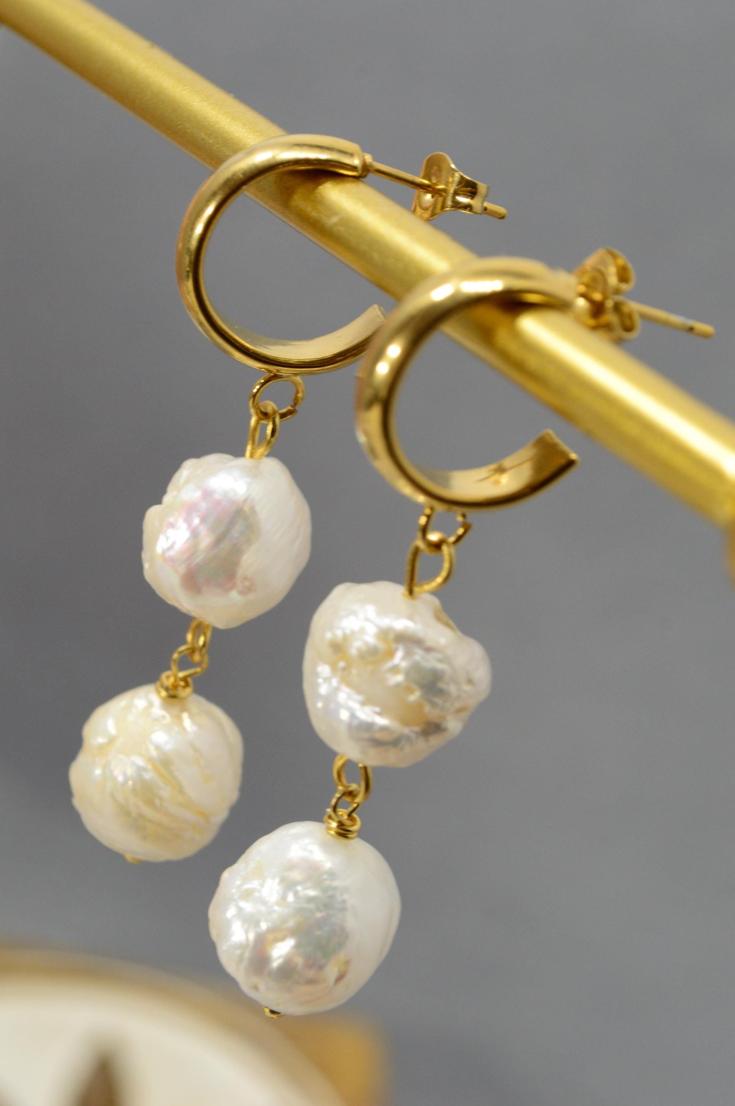 NEW * Gold Stainless Steel Hoop Earrings with Large Freshwater Pearl Drops, Luxury Boho Jewelry by Estibela, Perfect Gift for Women 5cm - 2"