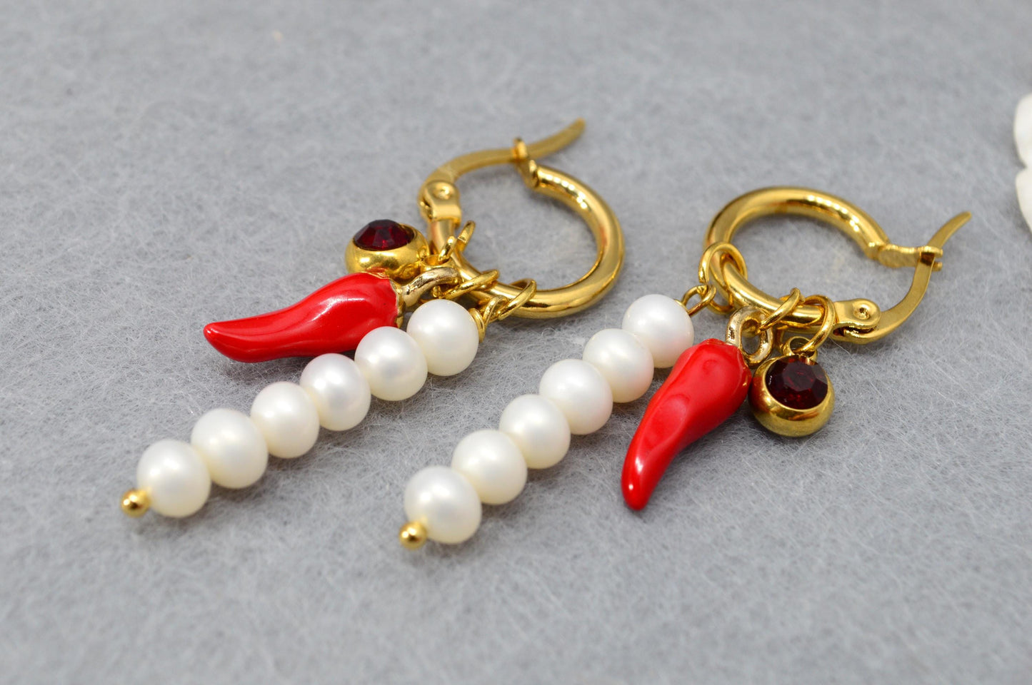 NEW * Playful Gold Stainless Steel Hoop Earrings with Freshwater Pearls, Red Glass Chili Pepper Charm, and Red Crystal, Estibela 4cm - 1.5"