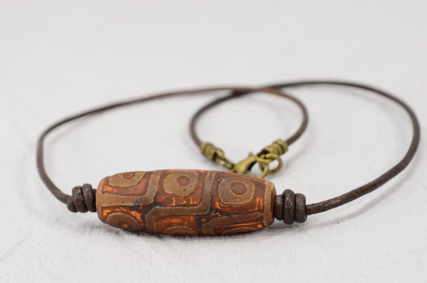 NEW *** Rustic Leather Necklace with Tibetan Dzi Agate Bead, Unique Boho Tribal Jewelry by Estibela, Unisex Handmade Necklace.