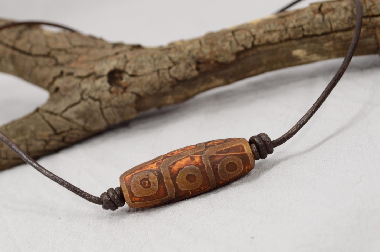 NEW *** Rustic Leather Necklace with Tibetan Dzi Agate Bead, Unique Boho Tribal Jewelry by Estibela, Unisex Handmade Necklace.