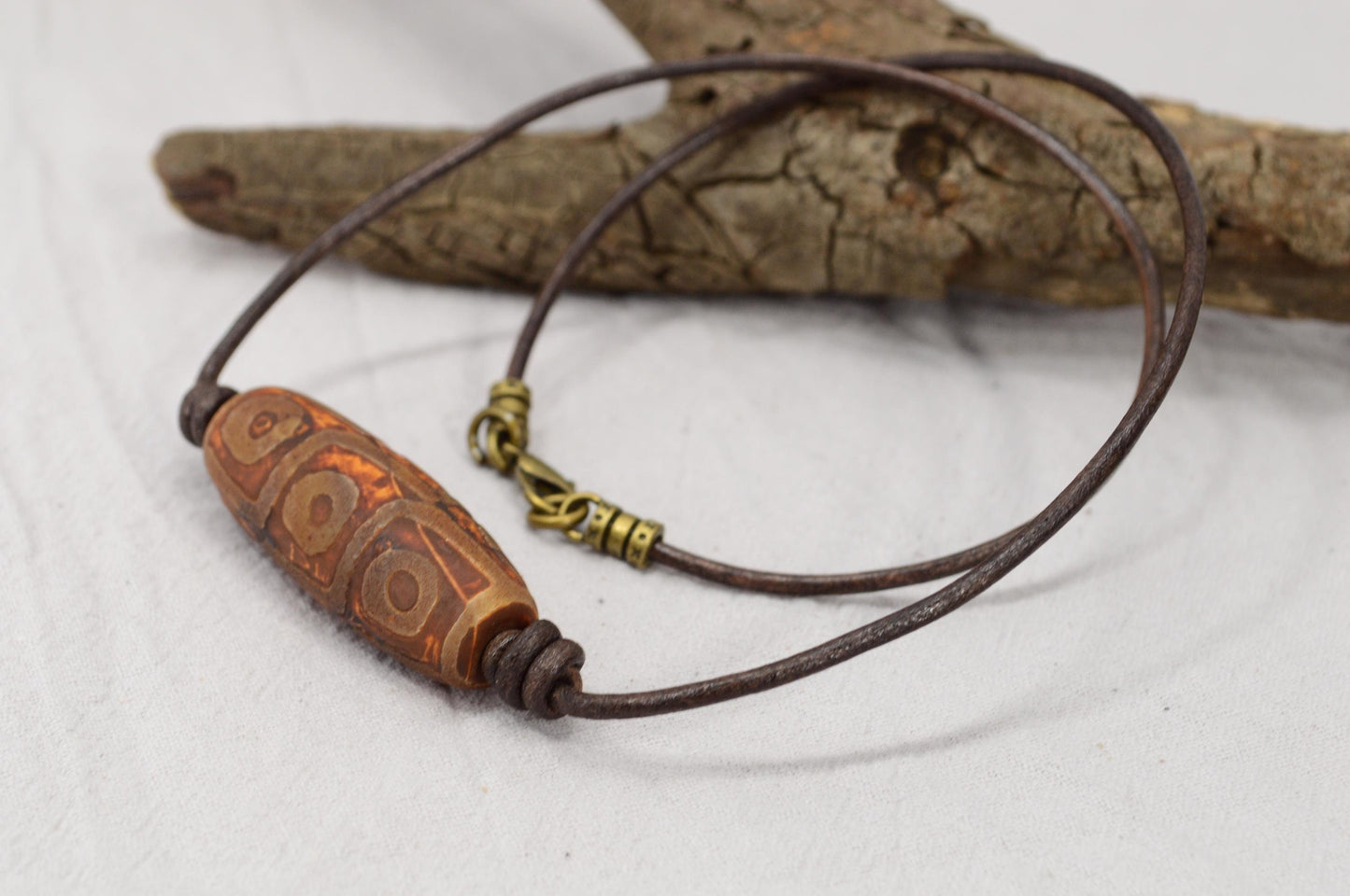 NEW *** Rustic Leather Necklace with Tibetan Dzi Agate Bead, Unique Boho Tribal Jewelry by Estibela, Unisex Handmade Necklace.