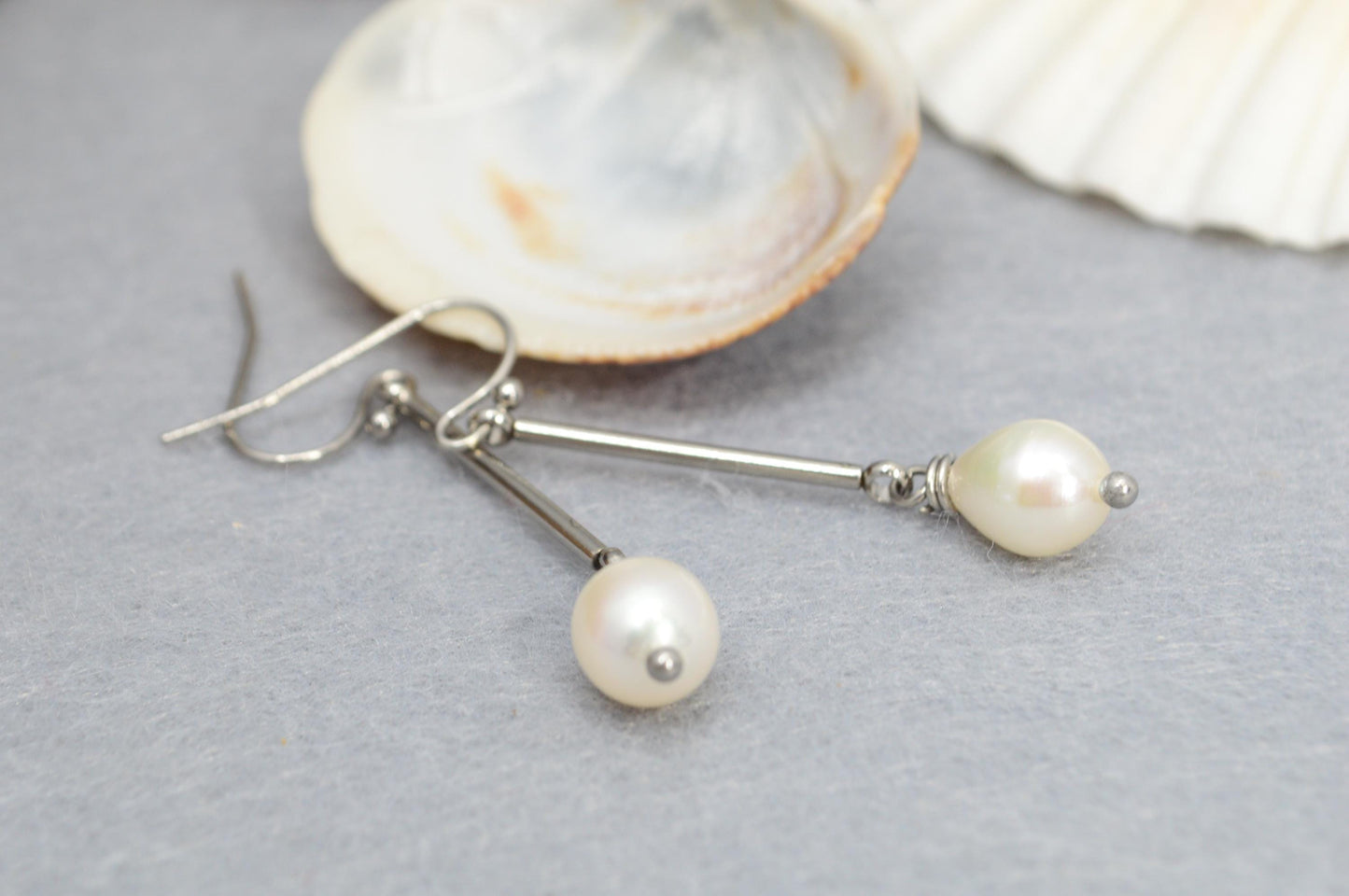 NEW *** Minimalist Stainless Steel Dangle Stick Earrings with Freshwater Pearls, Jewelry by Estibela, Perfect Gift for Her. 5cm - 2"