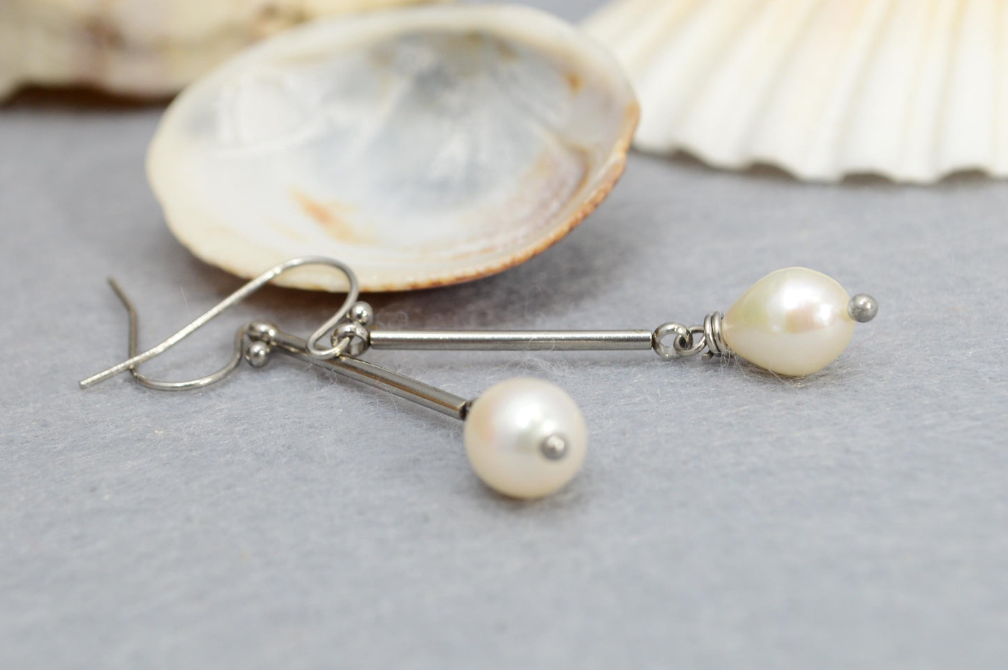 NEW *** Minimalist Stainless Steel Dangle Stick Earrings with Freshwater Pearls, Jewelry by Estibela, Perfect Gift for Her. 5cm - 2"