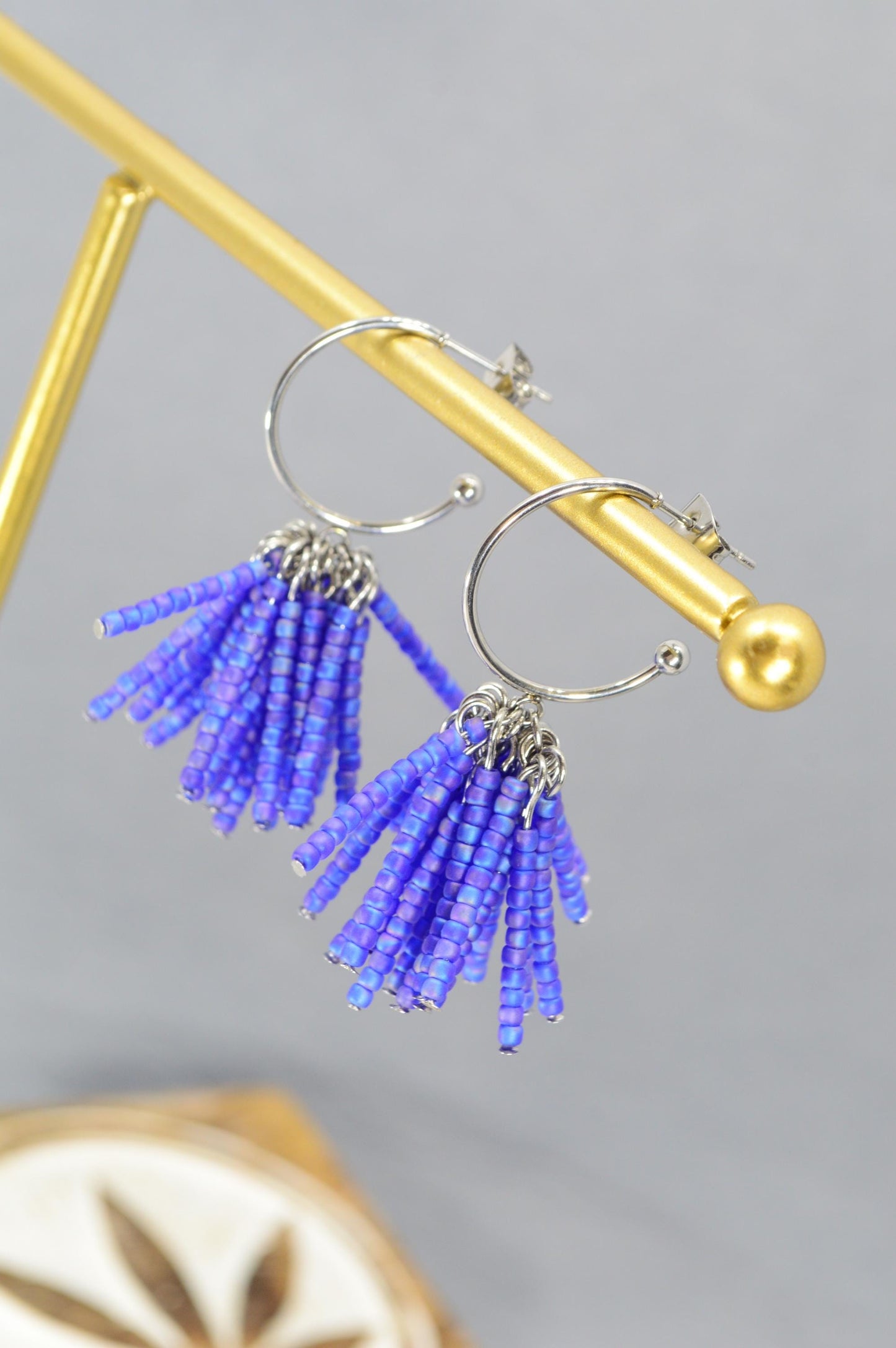 NEW *** Vibrant Hoop Earrings with Blue Czech Glass Bead Tassels, Fun and Bold Jewelry by Estibela, Adventurous Style, 5cm - 2"