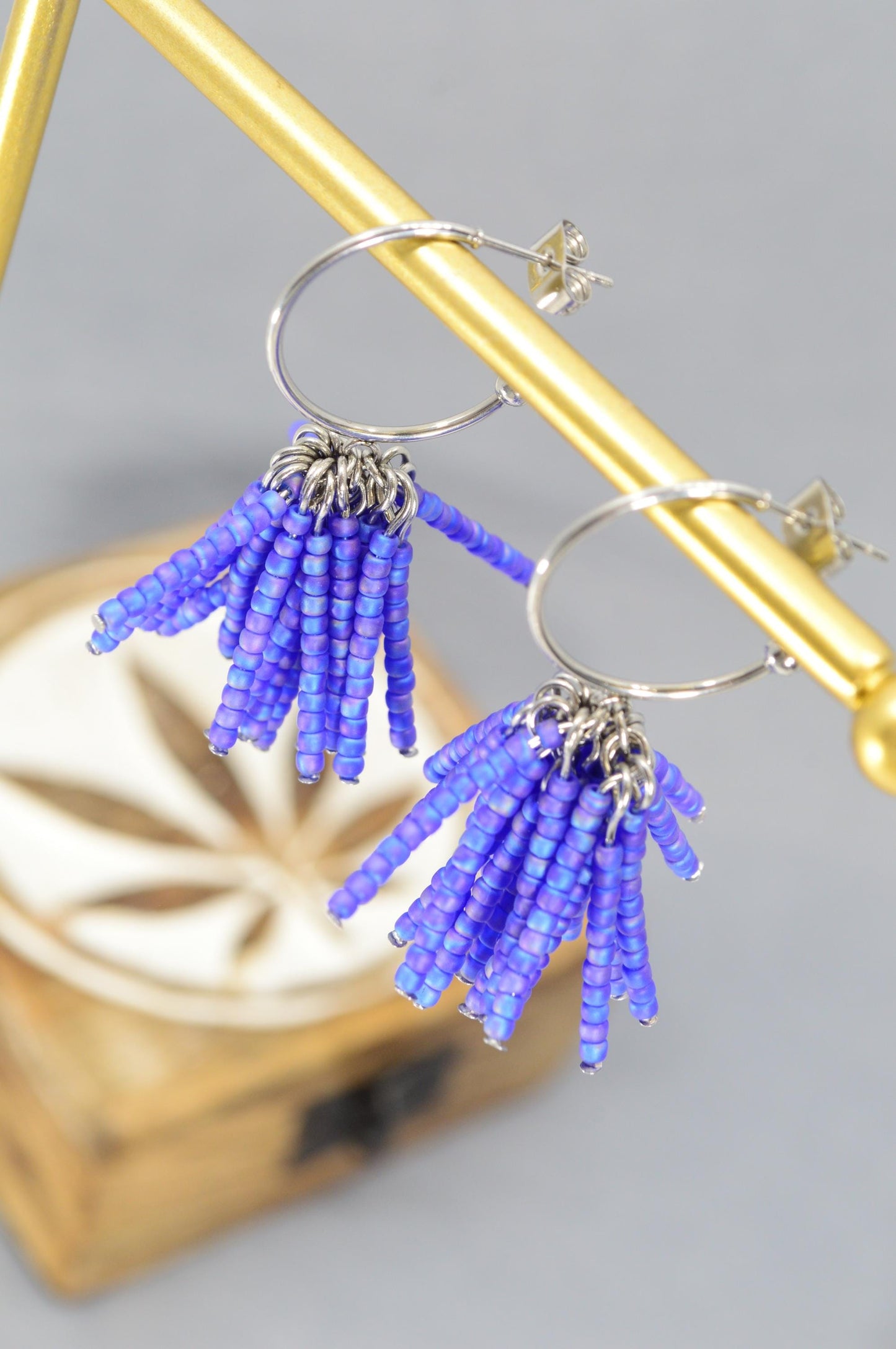 NEW *** Vibrant Hoop Earrings with Blue Czech Glass Bead Tassels, Fun and Bold Jewelry by Estibela, Adventurous Style, 5cm - 2"