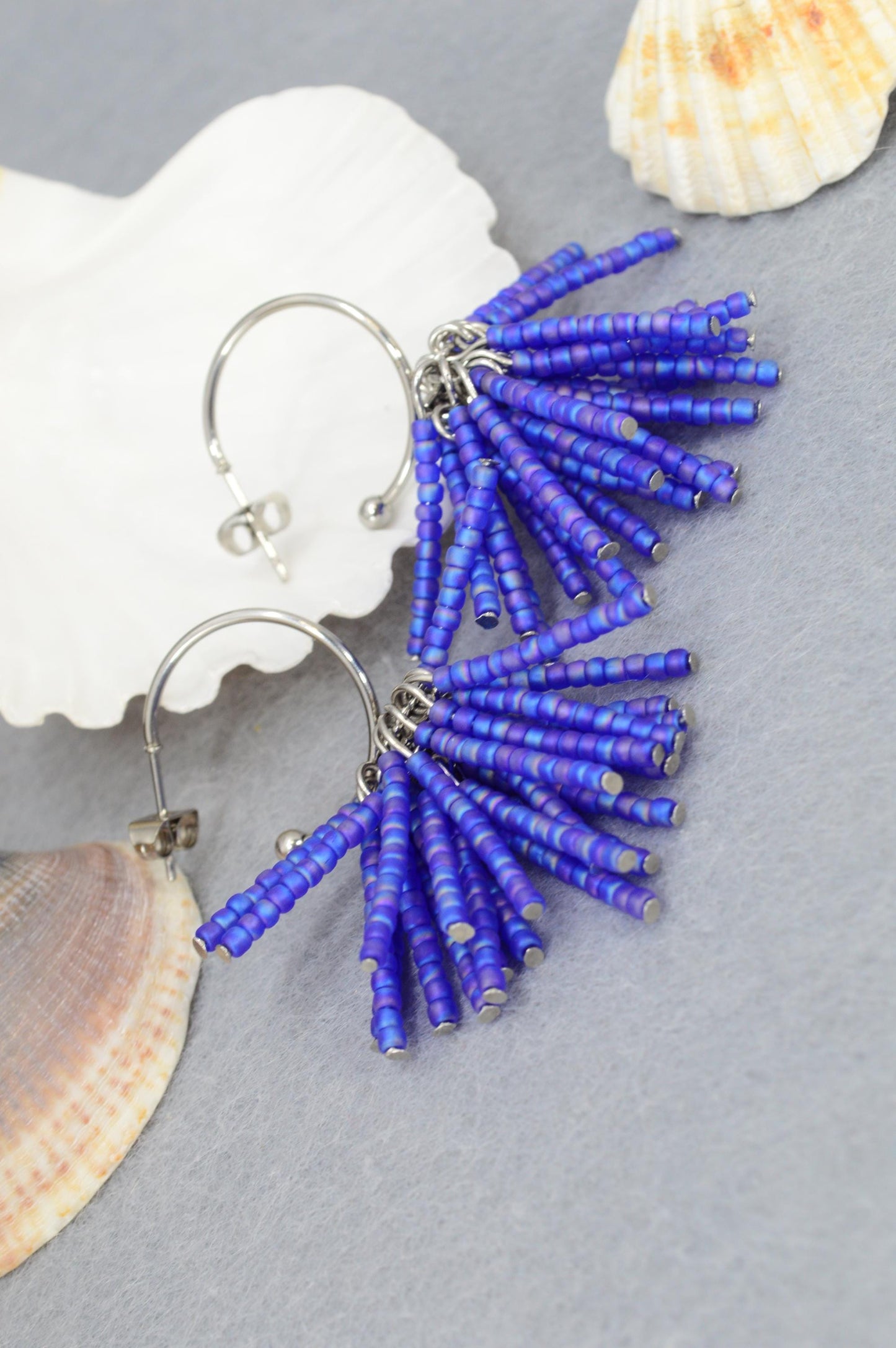 NEW *** Vibrant Hoop Earrings with Blue Czech Glass Bead Tassels, Fun and Bold Jewelry by Estibela, Adventurous Style, 5cm - 2"