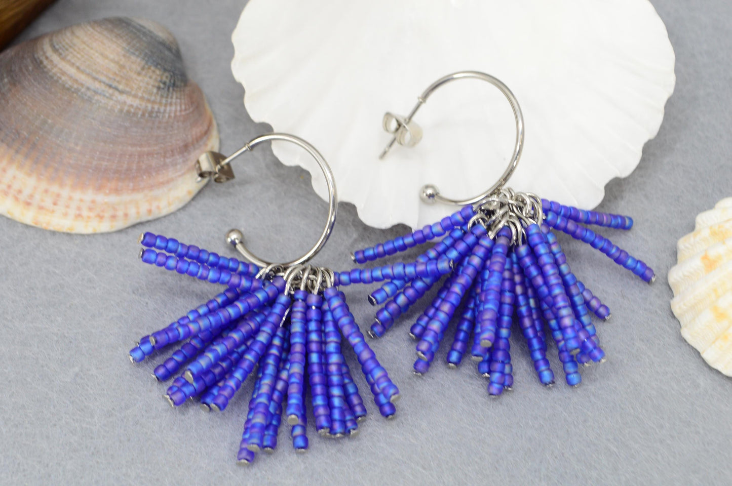 NEW *** Vibrant Hoop Earrings with Blue Czech Glass Bead Tassels, Fun and Bold Jewelry by Estibela, Adventurous Style, 5cm - 2"