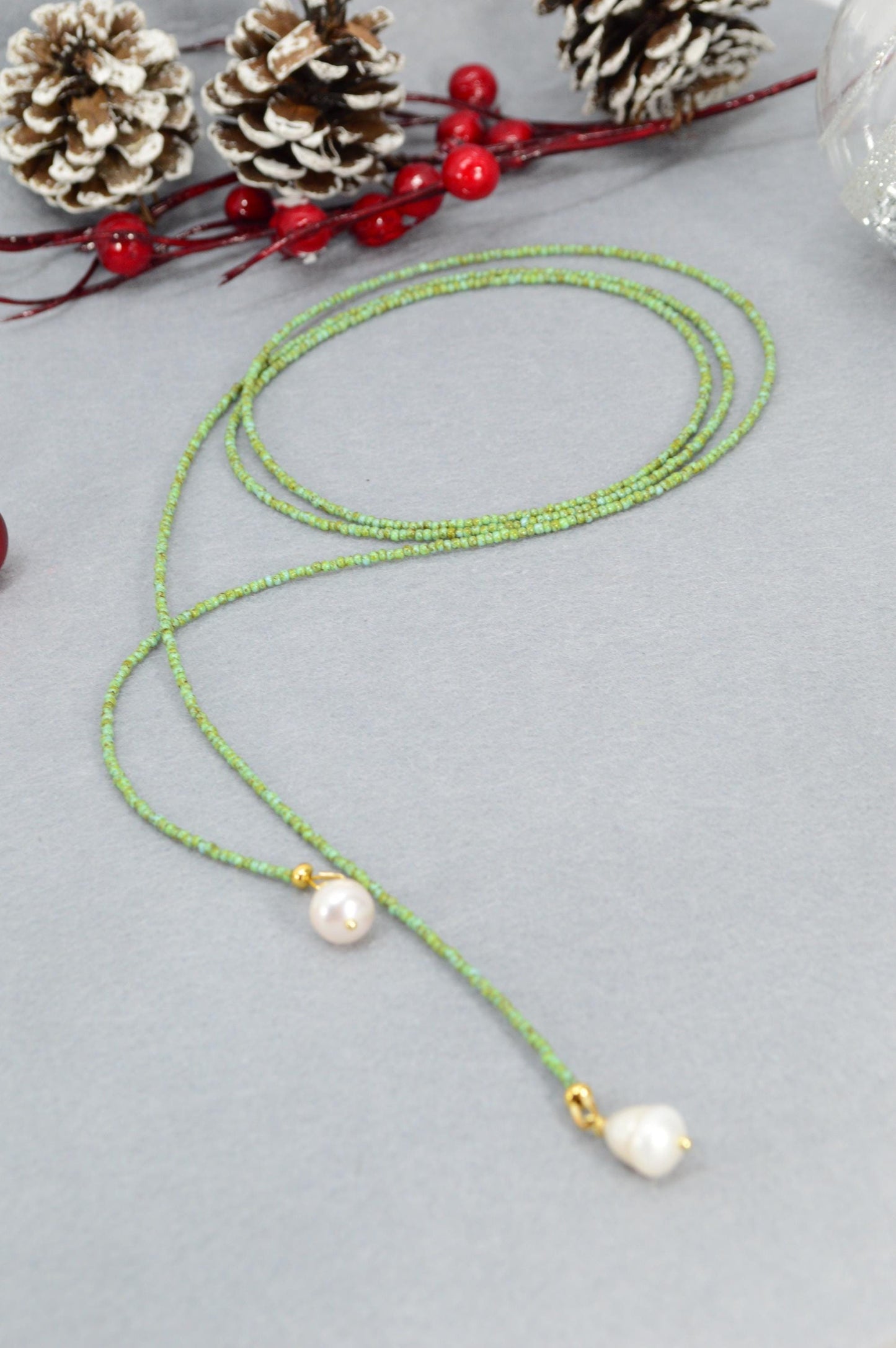 Extra Long seed beads Y-Necklace, Mint Green Layered Necklace with Freshwater Pearls,  110cm 44"