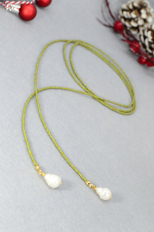 Beaded Lariat Necklace with Baroque Pearl Pendant. Extra long necklace. Olive Green Y-Design Bead Necklace with Freshwater Pearls. 110cm 44"