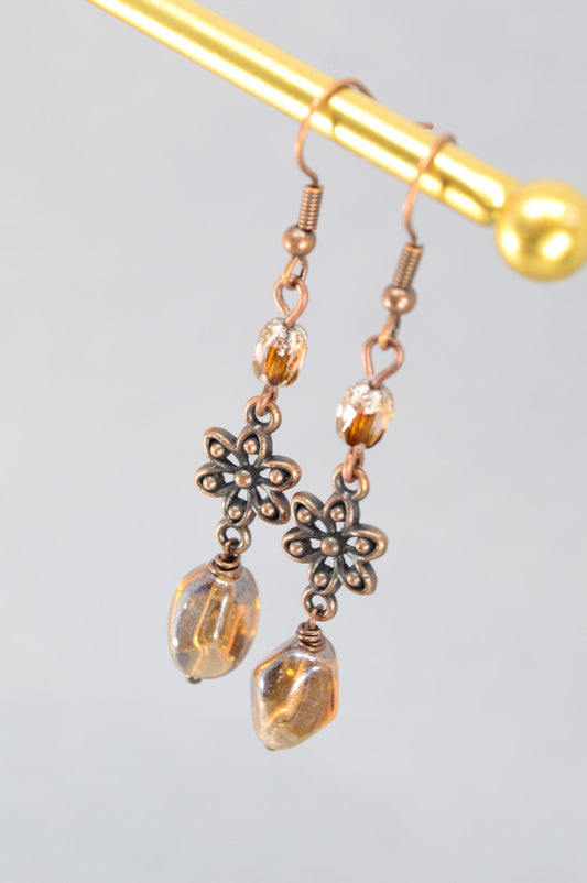 Flower Drop Earrings with Czech Glass Beads, Vintage Boho Style, Gift for Her, Estibela. 6cm 2.3"