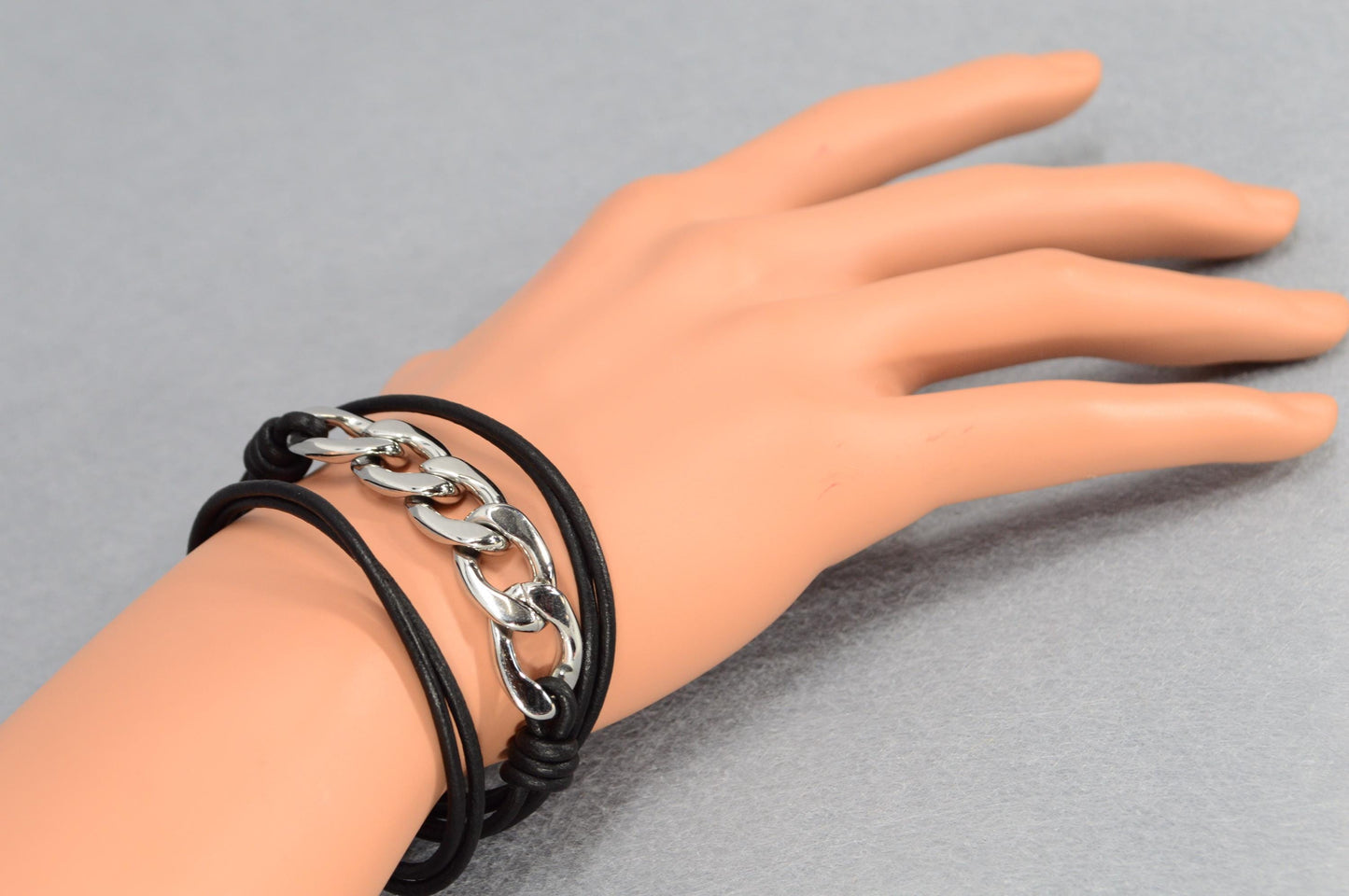 Triple Wrap Bold Leather Bracelet with Chain Links – Adjustable Layered Jewelry for Everyday Urban