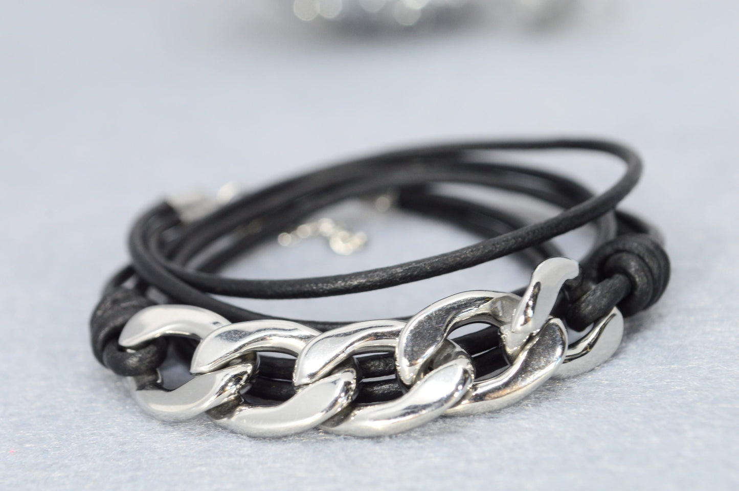 Triple Wrap Bold Leather Bracelet with Chain Links – Adjustable Layered Jewelry for Everyday Urban