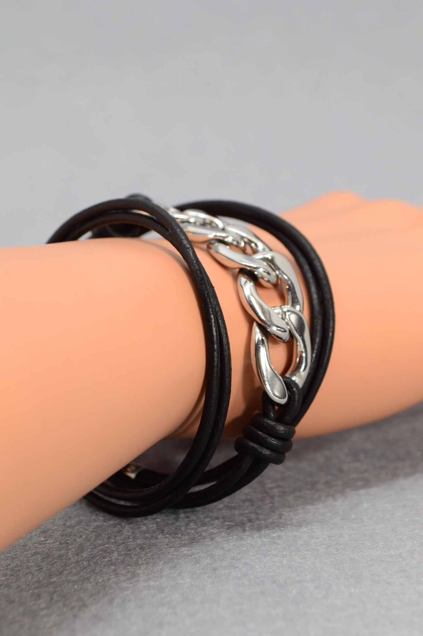 Triple Wrap Bold Leather Bracelet with Chain Links – Adjustable Layered Jewelry for Everyday Urban