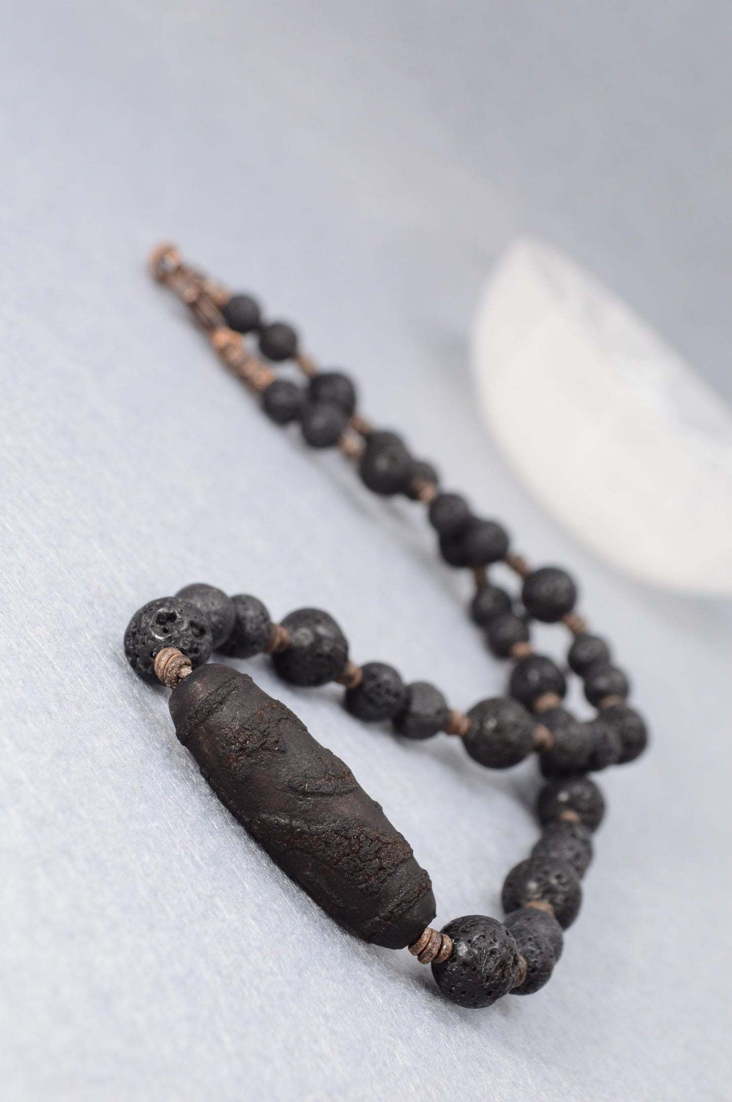 NEW - Mystical Dzi Bead Necklace with Lava Stone – Unique Tibetan Amulet, Spiritual Jewelry, Artisan Men's Necklace, Zen Energy Beads