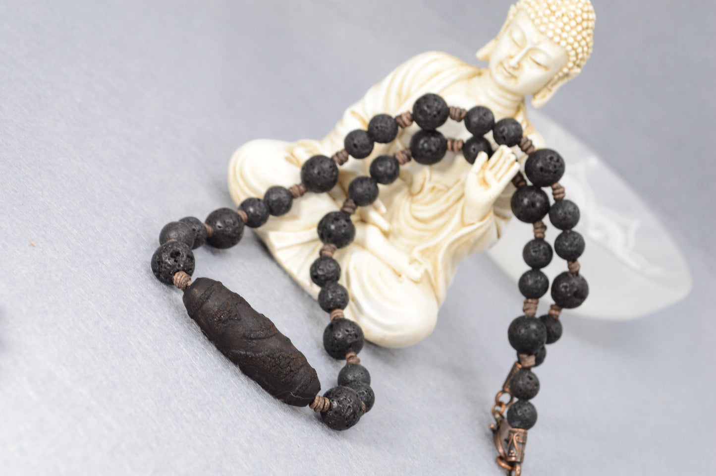 NEW - Mystical Dzi Bead Necklace with Lava Stone – Unique Tibetan Amulet, Spiritual Jewelry, Artisan Men's Necklace, Zen Energy Beads