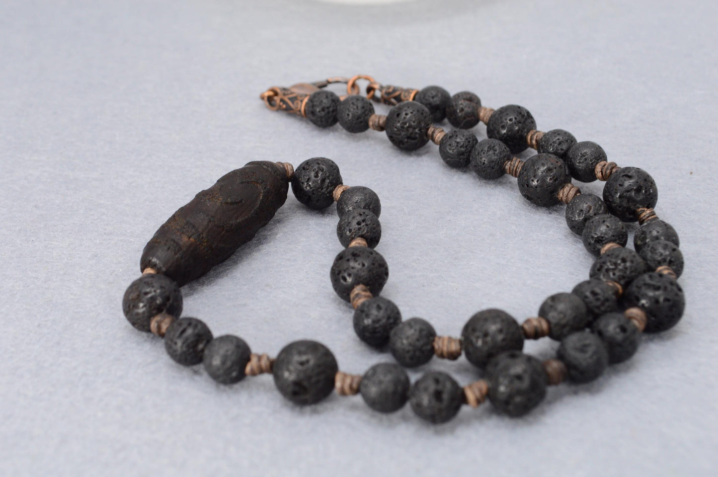NEW - Mystical Dzi Bead Necklace with Lava Stone – Unique Tibetan Amulet, Spiritual Jewelry, Artisan Men's Necklace, Zen Energy Beads