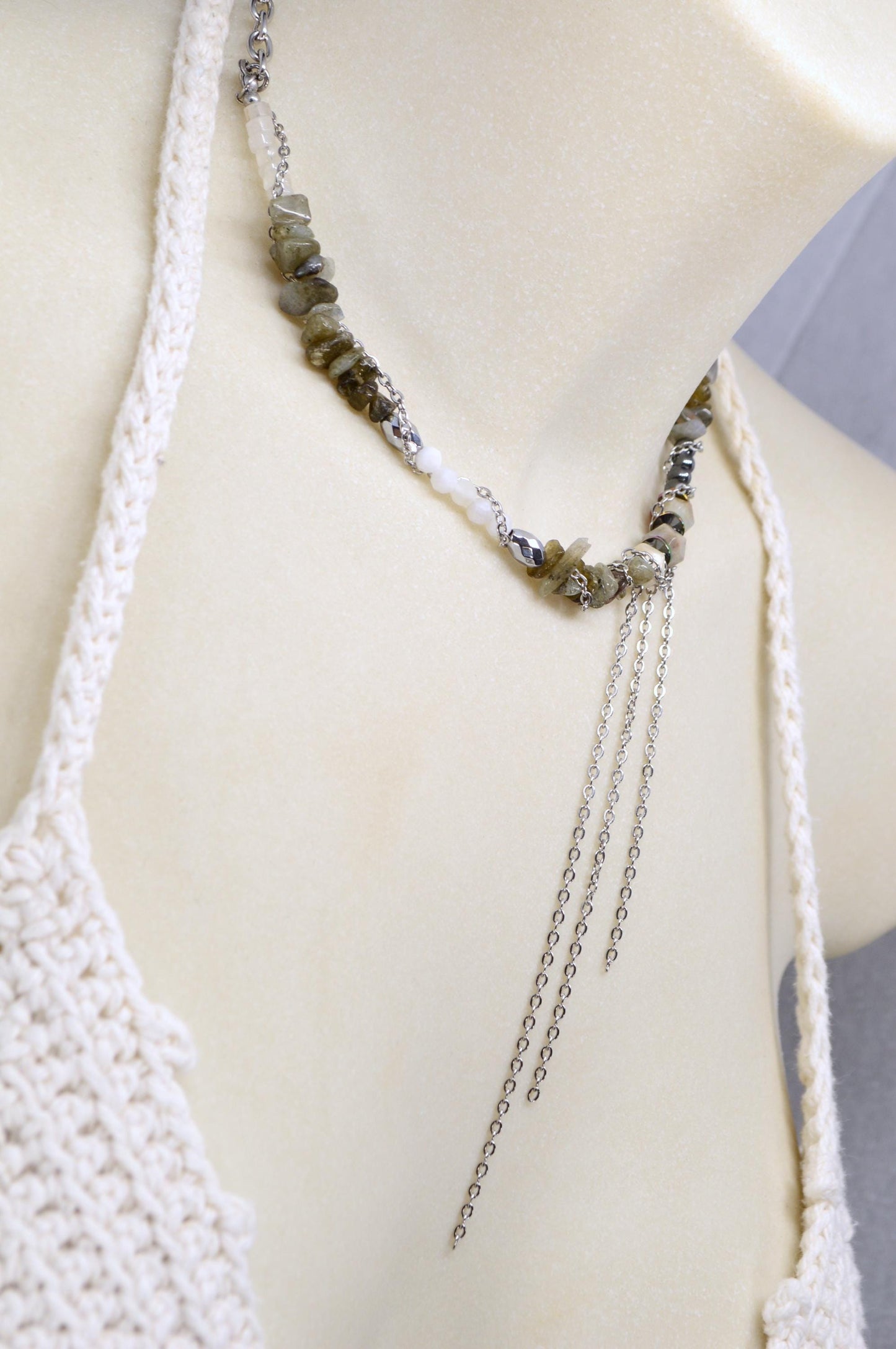 NEW - Boho Chic Asymmetrical Necklace with Labradorite, Hematite, Amazonite, Stonemoon & Quartz | Unique Gemstone Cascade Design