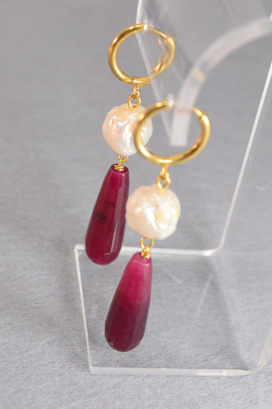NEW - Drop Earrings with Freshwater Pearls & Jade Teardrop Stones, Stainless Steel Hoops, Timeless Jewelry, Gift for Her. 7cm - 2.7"