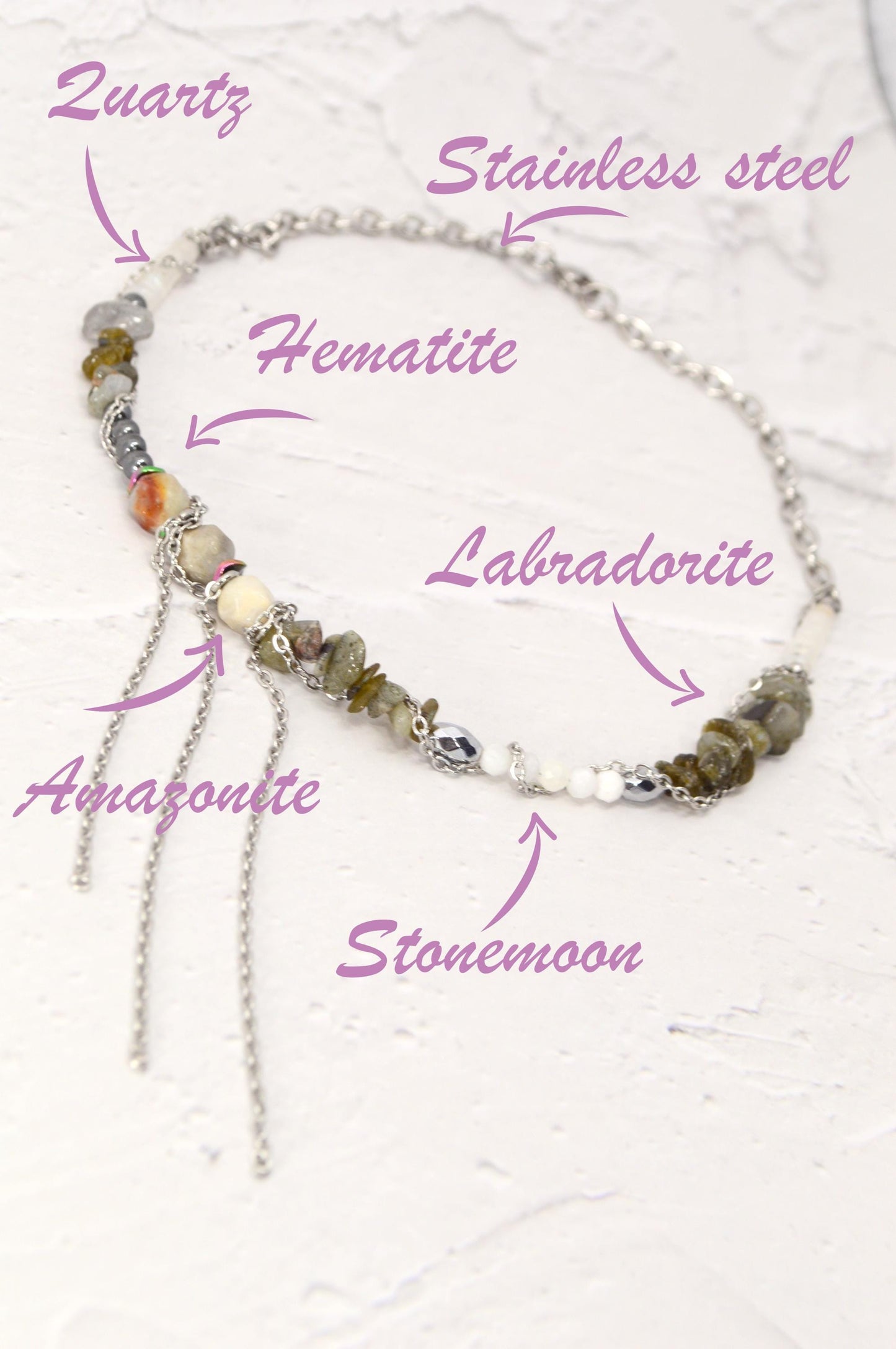 NEW - Boho Chic Asymmetrical Necklace with Labradorite, Hematite, Amazonite, Stonemoon & Quartz | Unique Gemstone Cascade Design