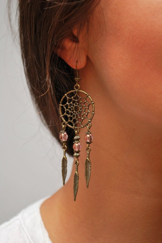 Pink Dream Catcher earrings, hippie long feather jewelry, DreamCatcher style, free spirit