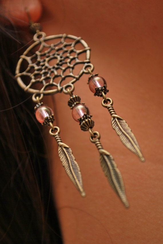 Pink Dream Catcher earrings, hippie long feather jewelry, DreamCatcher style, free spirit