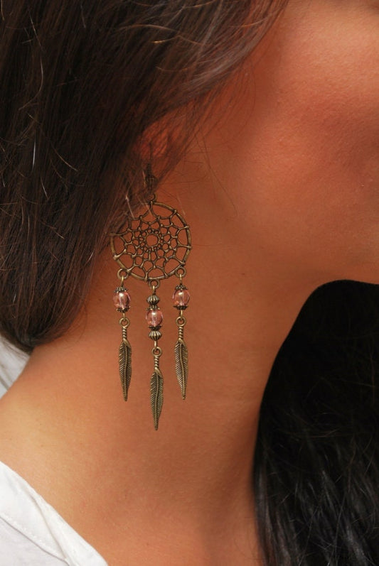 Pink Dream Catcher earrings, hippie long feather jewelry, DreamCatcher style, free spirit