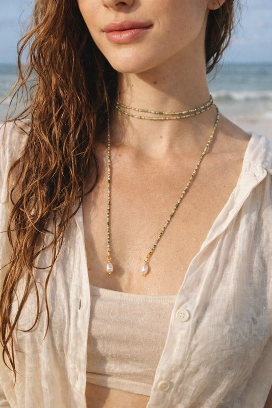 Olive Breeze Beaded Lariat Necklace, Green Wrap Choker with Freshwater Pearls