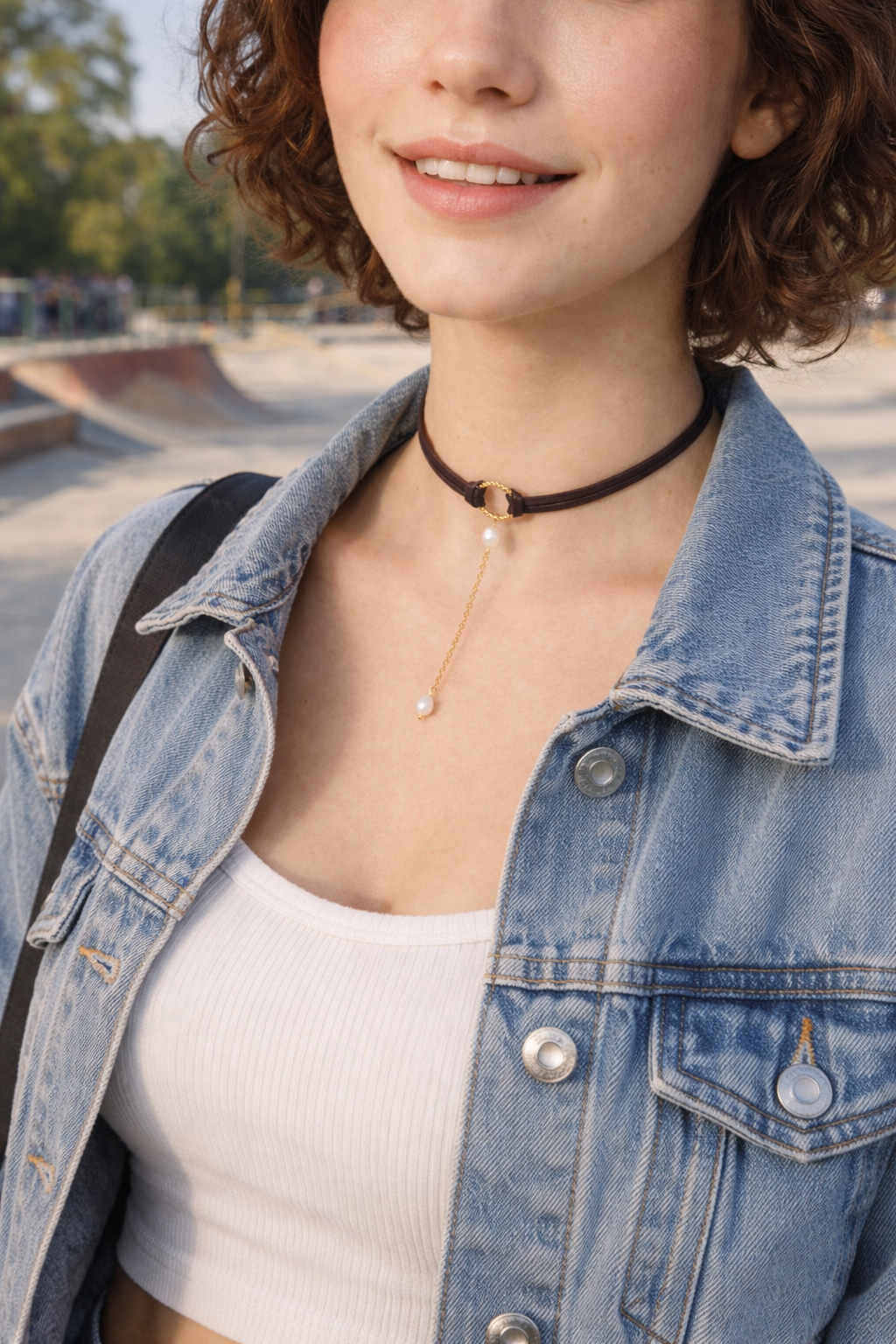 Dark Brown Leather Choker with Gold Chain & Freshwater Pearls | Unique Boho Gothic Jewelry