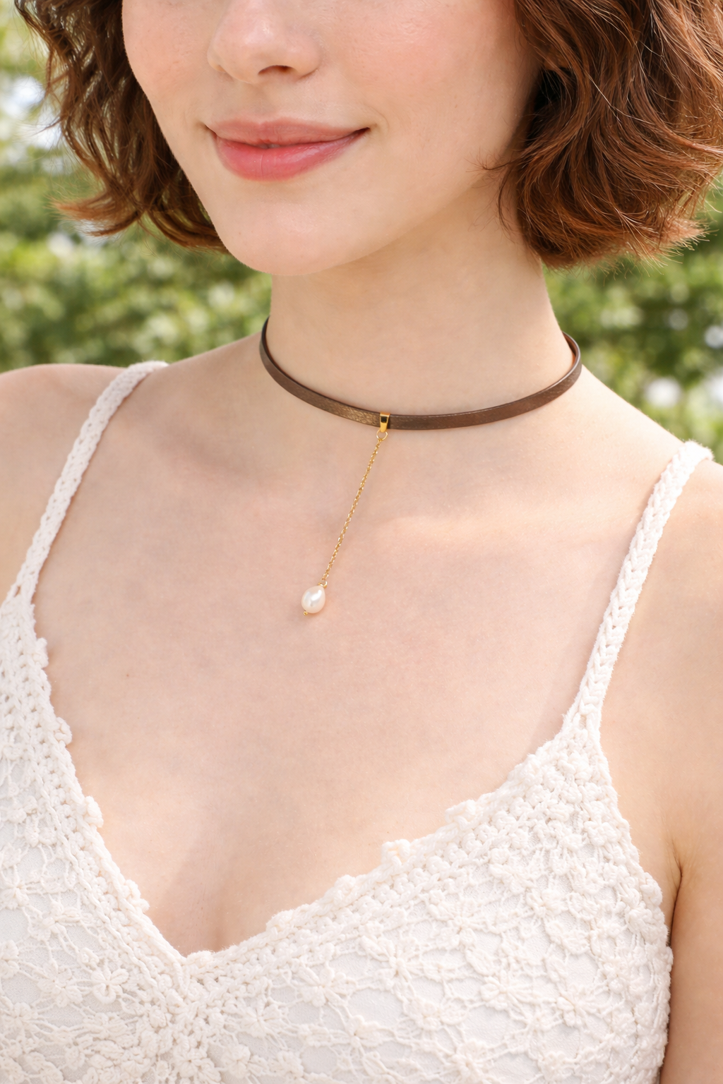 Gold Chain Pearl Drop Choker – Leather Band Necklace | Modern Minimalist Y Choker | Statement Jewelry for Women