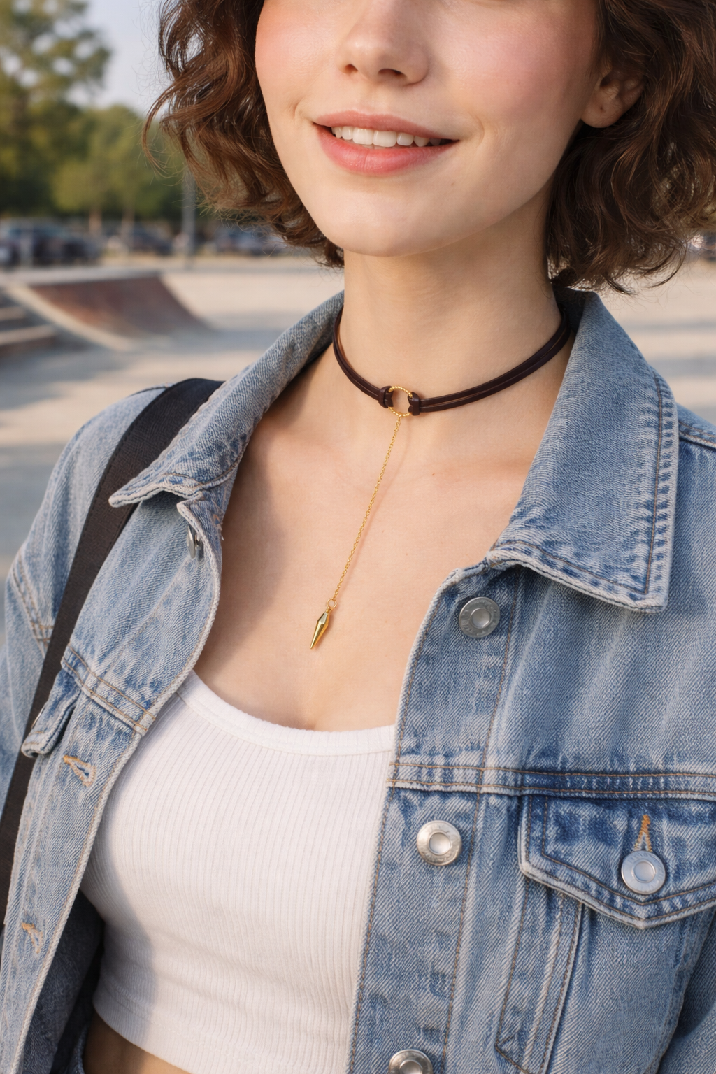 Edgy Boho Choker | Dark Brown Leather Necklace with Gold Drop Pendant
