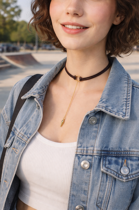 Edgy Boho Choker | Dunkelbraune Lederhalskette mit goldenem Tropfenanhänger
