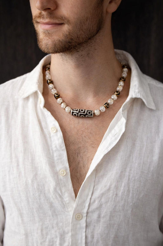 Black & Ivory Tibetan Dzi Bead Necklace – Boho Spiritual Amulet / Unisex Protection Jewelry