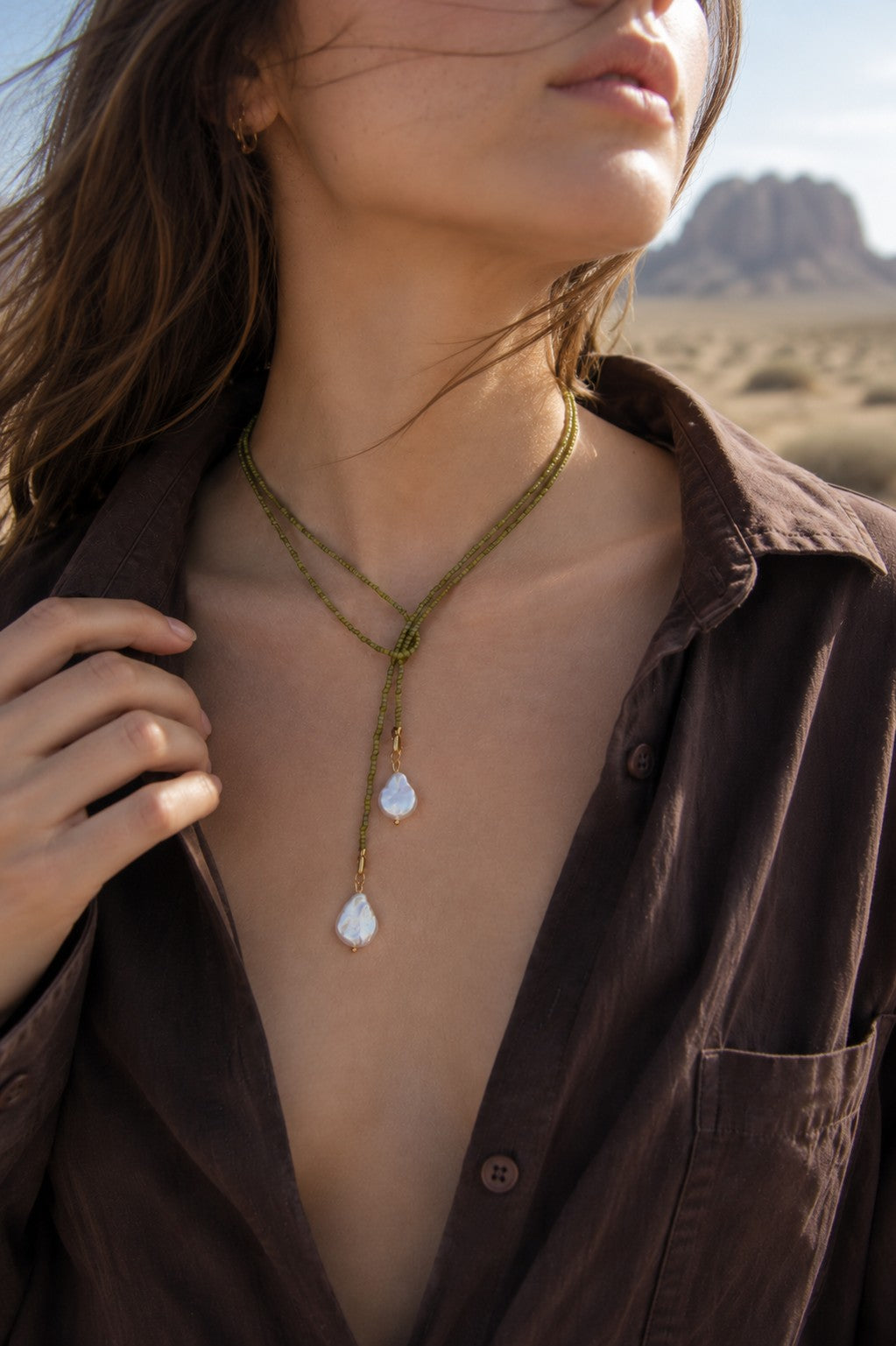 Olive Beaded Wrap Necklace with Freshwater Pearls – Long Convertible Necklace