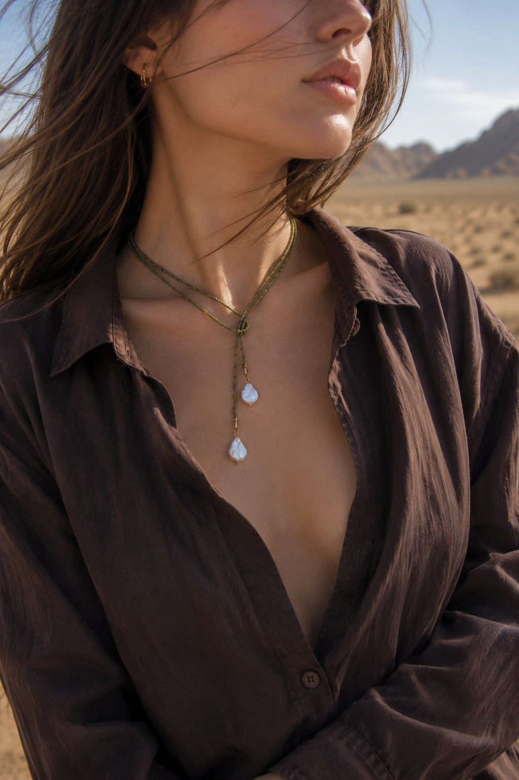 Olive Beaded Wrap Necklace with Freshwater Pearls – Long Convertible Necklace