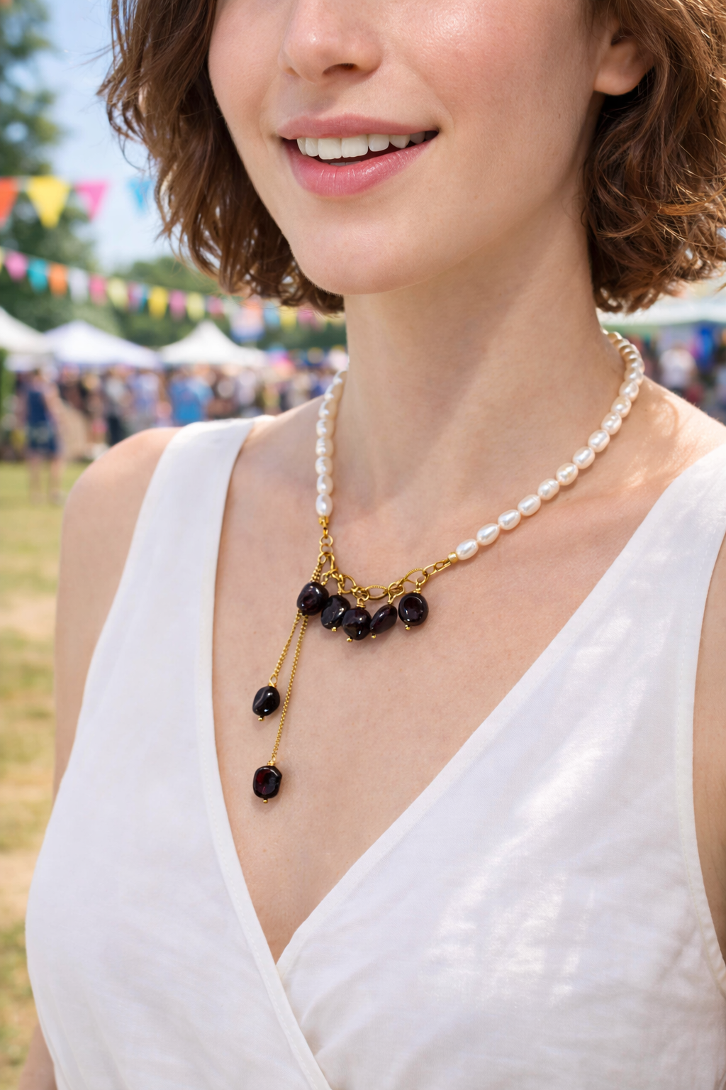 Freshwater Pearl & Dark Garnet Necklace – Gold Stainless Steel Chain, 16"/17"/18"