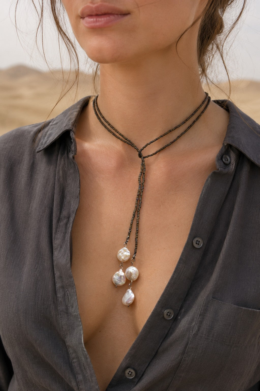 Grey Pearl Lariat Necklace – Adjustable Seed Bead Y Necklace with Freshwater Pearls