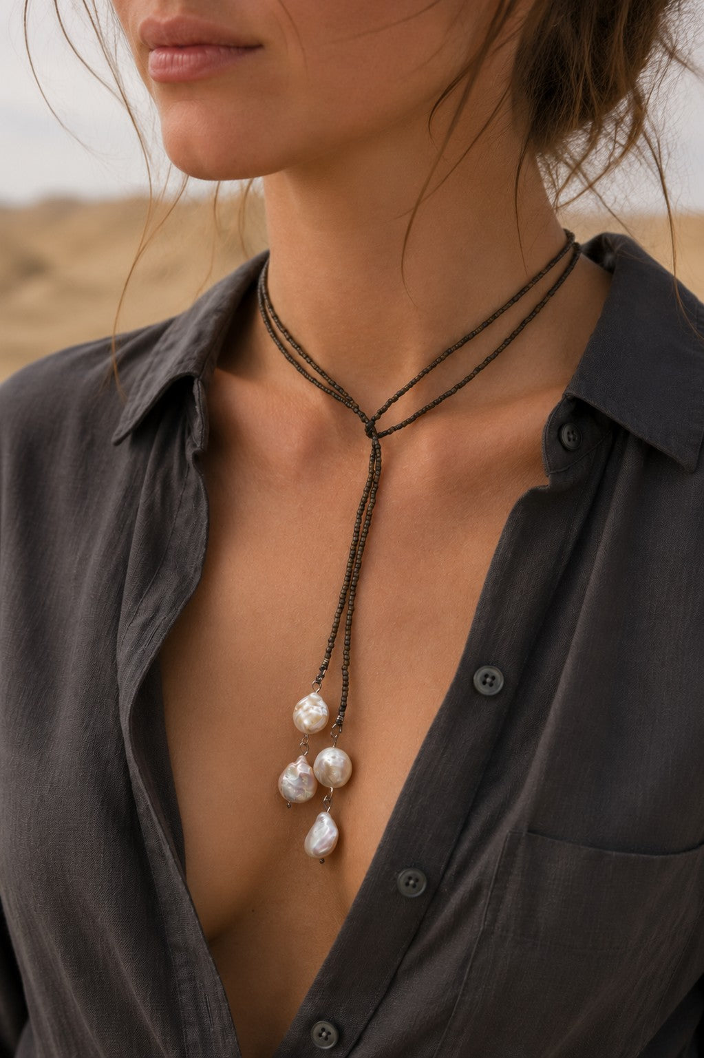 Grey Pearl Lariat Necklace – Adjustable Seed Bead Y Necklace with Freshwater Pearls