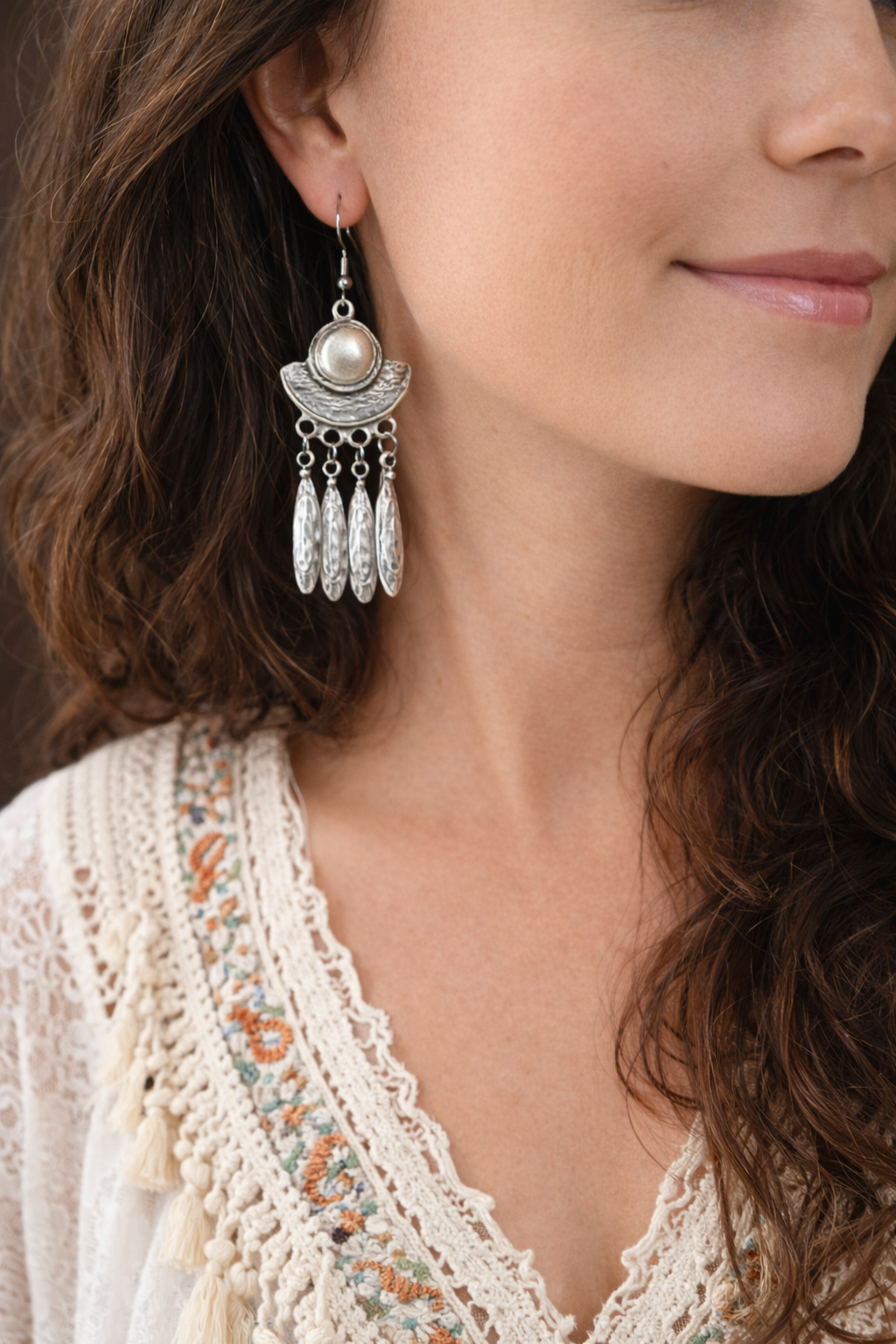 Boho Crescent Dangle Earrings in Silver & Bronze – 7.5 cm / 3"