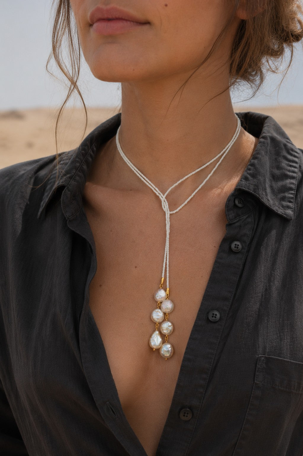White Pearl Lariat Necklace – Adjustable Seed Bead Y Necklace with Freshwater Pearls