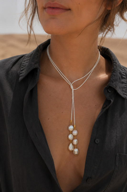 Collier lariat blanc avec perles d'eau douce – Collier Y réglable en rocailles
