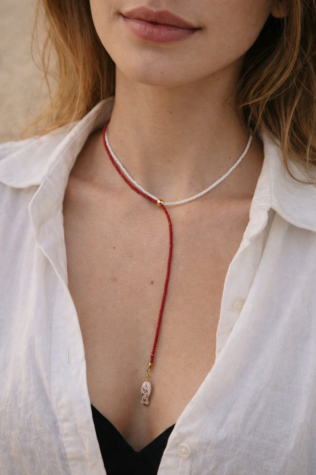 Red & White Fish Lariat Necklace – Minimal Coastal Tie Necklace