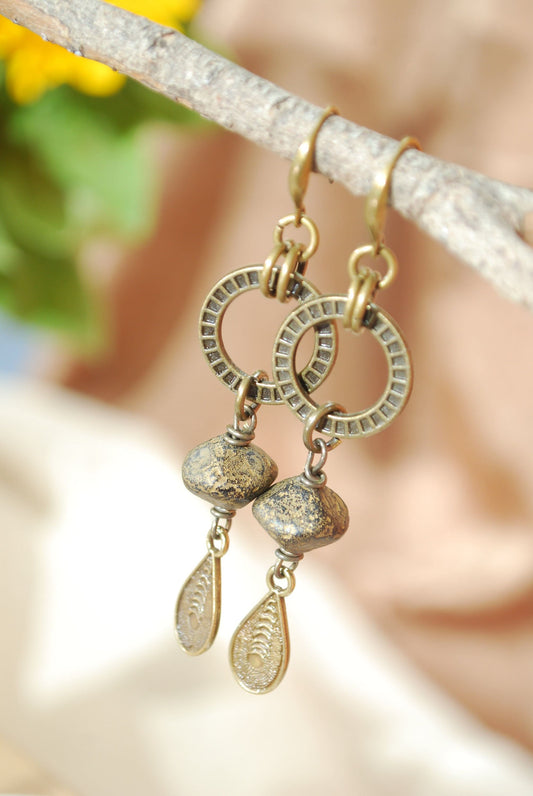 Black earrings, Artsy bronze dangle earrings, Boho-chic style, Estibela unique design, 7,3cm, 3 inches length
