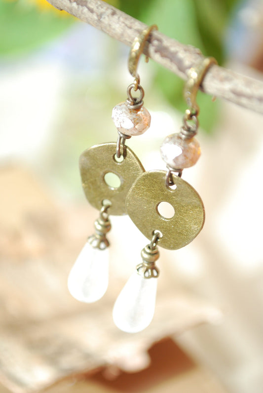 Long teardrop dangle earrings, white bronze drop earrings, 7,5cm 3inches length earrings, Estibela design