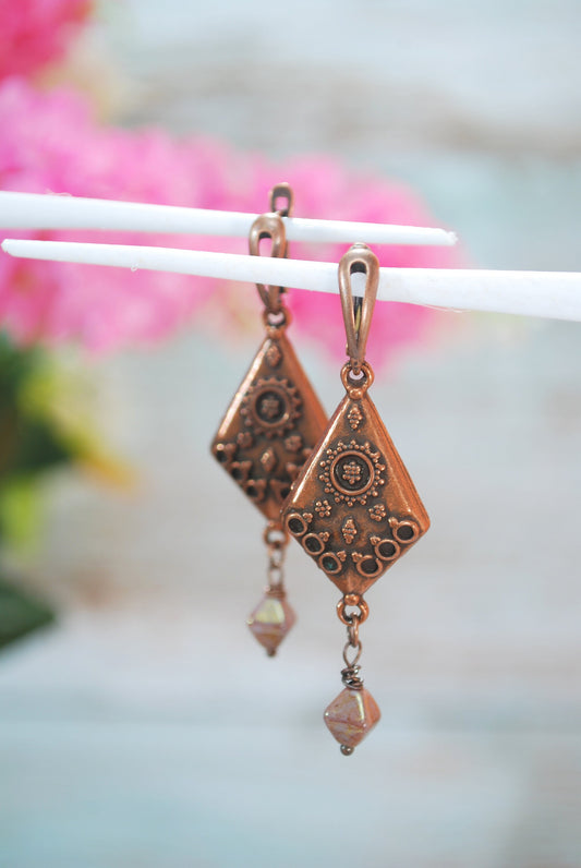 Textured boho earrings, rhombus copper earrings, unique statement earrings, Estibela design, 6,2 cm 2,5"